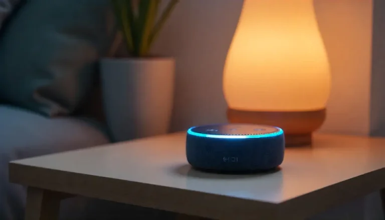 Dispositivo Alexa Echo Dot de última geração com anel de luz azul aceso, sobre mesa de madeira clara em ambiente moderno e iluminado, rodeado por smartphone, luminária inteligente e fones de ouvido.