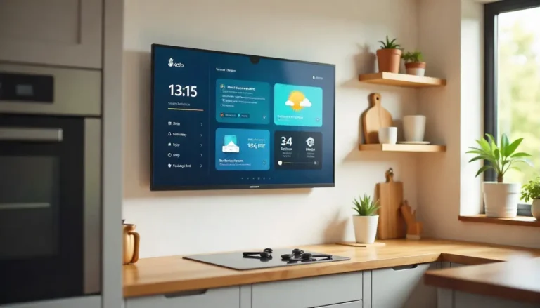 Tela do Echo Show 15 exibindo widgets de clima, calendário, lista de compras e câmera de segurança