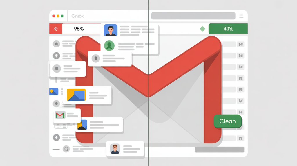 Ilustração de caixa de e-mail cheia (95%) sendo limpa para 40% com botão “Clean”.
