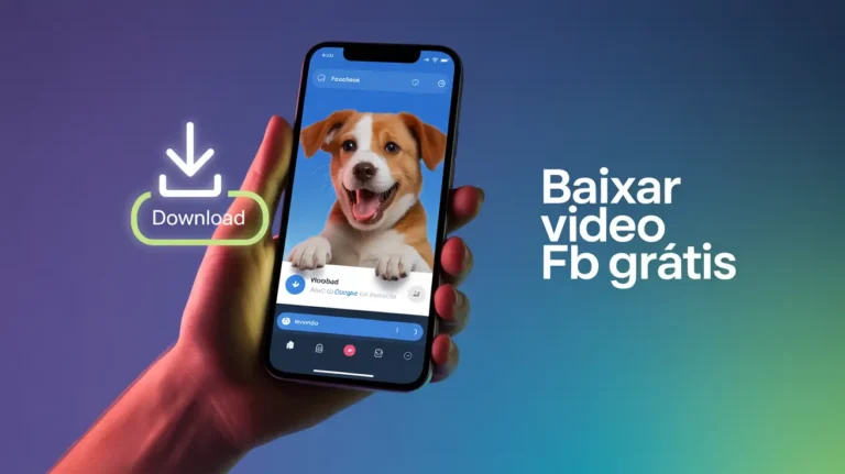 Smartphone moderno na mão exibindo app Facebook com vídeo de cachorro, botão Download verde neon, fundo gradiente azul-roxo