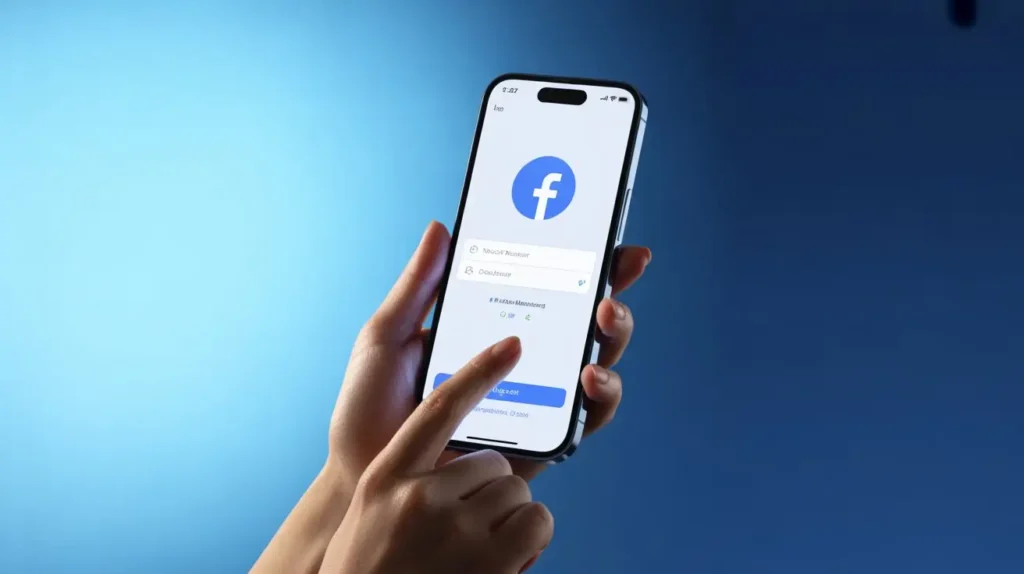Pessoa segurando um smartphone com a tela de login do Facebook aberta, pronta para entrar na conta pelo celular.