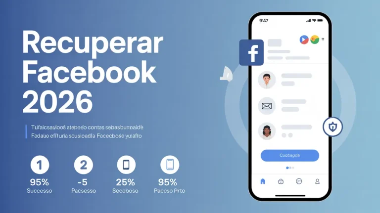 Recuperar Conta Facebook 2026 - Infográfico com 5 passos, cadeado aberto, email, celular, escudo segurança, 95% sucesso