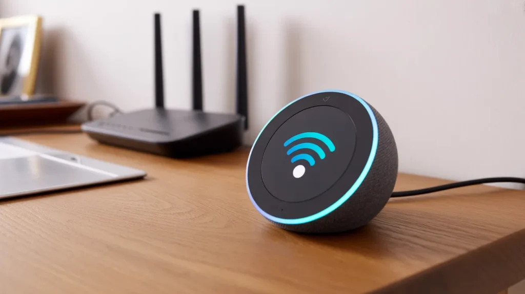 Echo Spot conectado ao Wi-Fi com roteador ao fundo