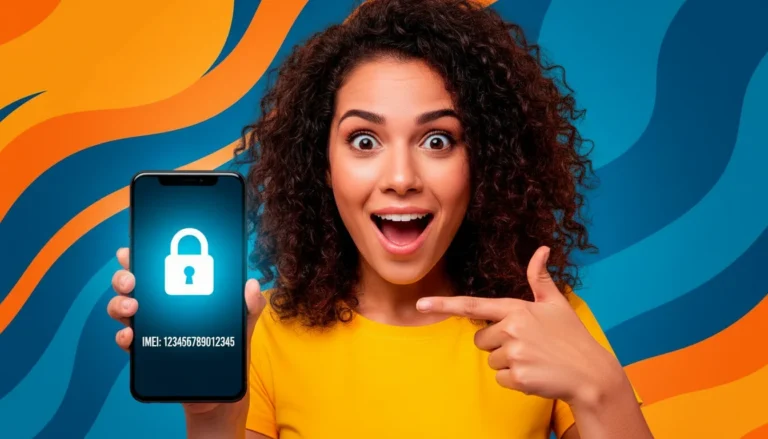 Mulher surpresa apontando para celular com código IMEI e ícone de bloqueio em destaque, afim de explicar Como Consultar IMEI do Celular