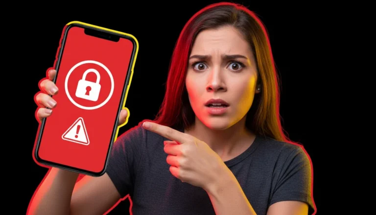 Mulher apontando para smartphone com ícone de bloqueio vermelho, expressão de urgência, estilo thumbnail de alto impacto sobre Como Bloquear o IMEI do Celular Roubado