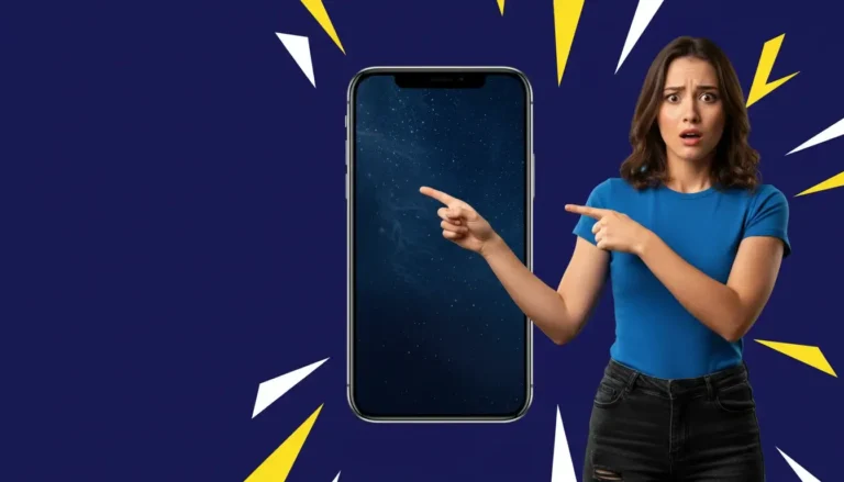 Mulher apontando para iPhone travado com tela preta e questionando como forçar o desligamento do iPhone.