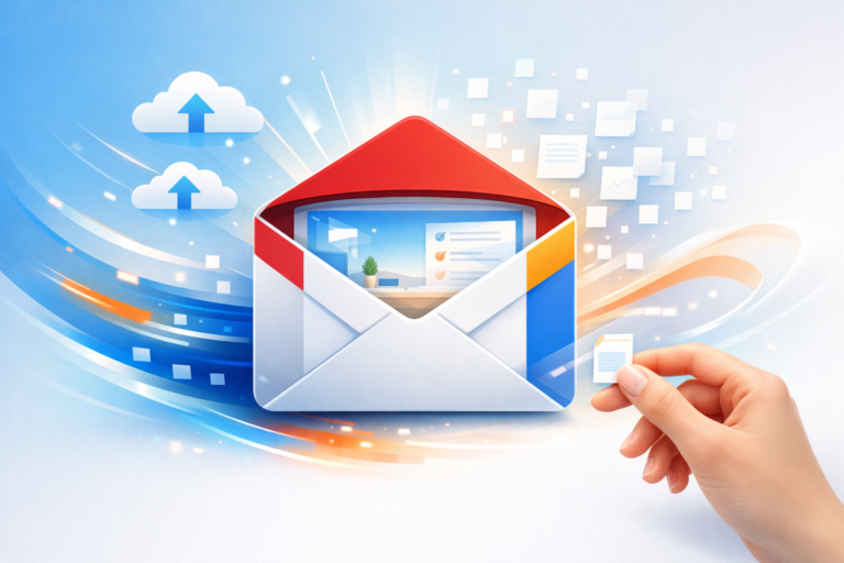 Ícone do Gmail abrindo para um espaço limpo, simbolizando a liberação de armazenamento e organização digital.