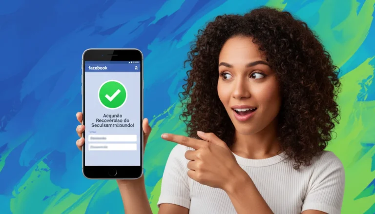 Mulher apontando para tela de Facebook com checkmark verde — como recuperar Facebook esqueci email e senha