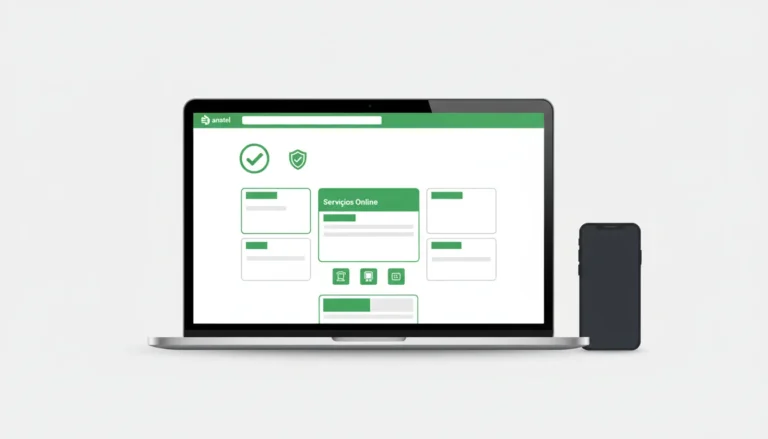 Portal Celular Legal da Anatel em tela de laptop com ícone de verificação e smartphone ao lado