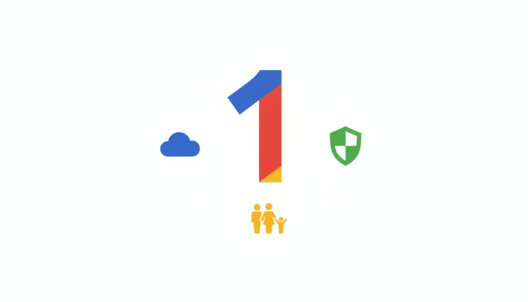 Ilustração minimalista do Google One com ícones de armazenamento em nuvem, segurança e compartilhamento familiar em cores do Google