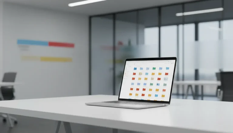 Escritório moderno com laptop exibindo pastas organizadas no Google Drive em estilo minimalista.