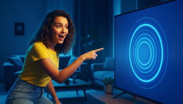 Mulher apontando para Smart TV Samsung com Alexa ativada, expressão animada