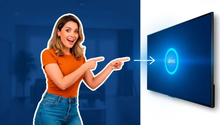 Mulher apontando para smart TV com interface da Alexa ativa, expressão de surpresa e alegria sobre Como Fazer a Alexa Ligar a TV.