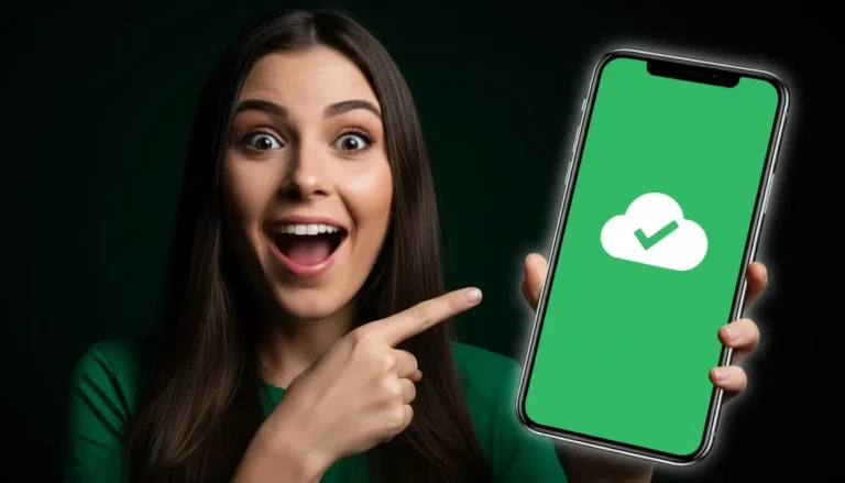 Mulher apontando para tela de smartphone com confirmação de backup do WhatsApp, expressão animada e surpresa.