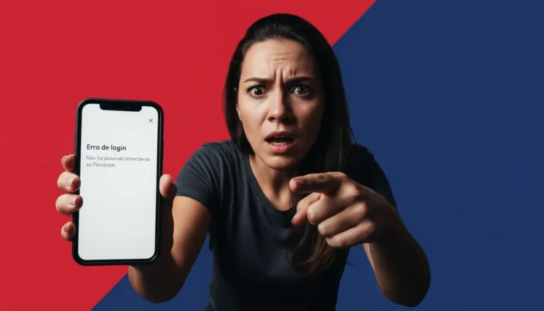 Como Recuperar Senha do Facebook? Mulher apontando vpara erro de login no Facebook com expressão de urgência