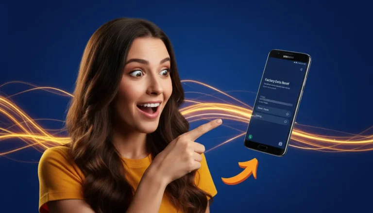 Mulher apontando para Samsung Galaxy com tela de reset e questionando como resetar celular samsung.