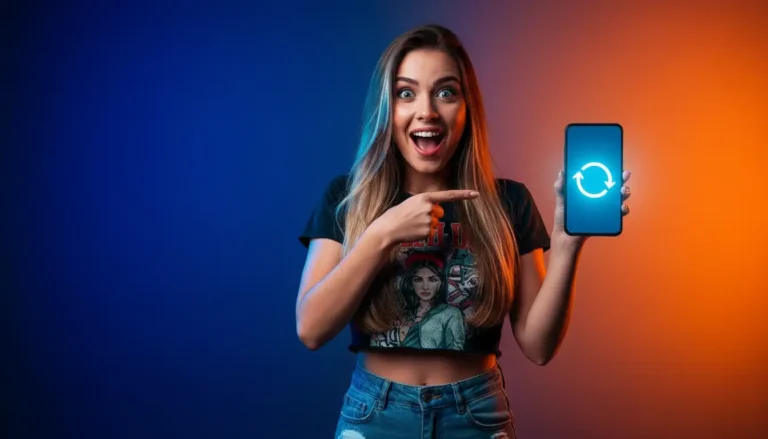 Mulher apontando para celular com ícone de reset em fundo azul e laranja e questionando como resetar o celular