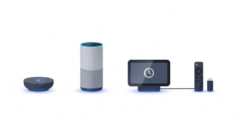 Comparativo dos dispositivos Amazon Echo: Echo Dot, Echo, Echo Show e Fire TV Stick lado a lado