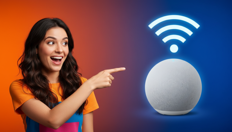 Mulher apontando para Amazon Echo Dot com WiFi conectado — como conectar Alexa no WiFi