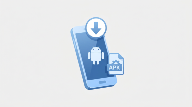 Smartphone Android com ícone de download de APK em fundo minimalista azul e branco